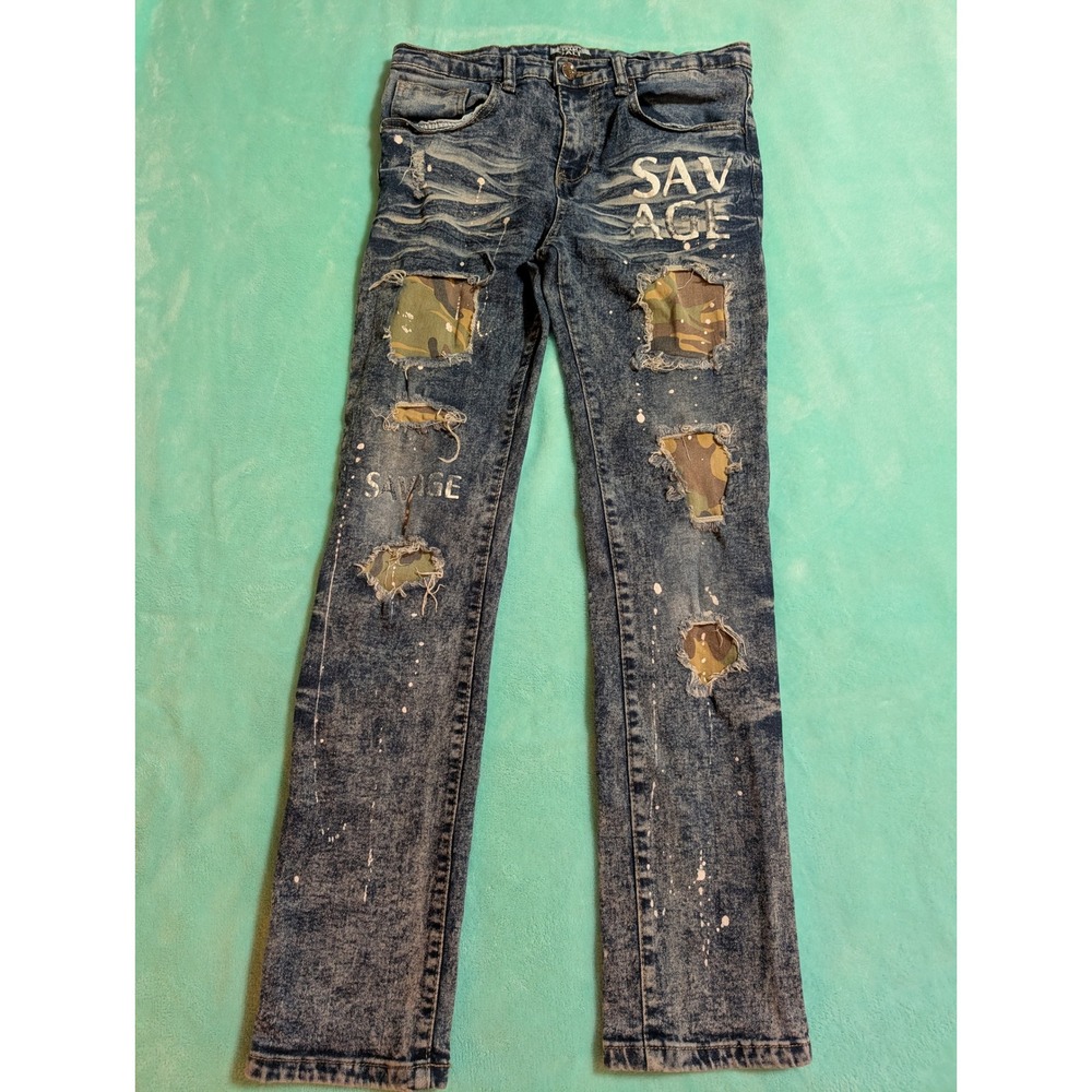 Rock Salt Y2K Distressed Camo Patch Savage Graphic Acid Wash Jeans Blue Size 18